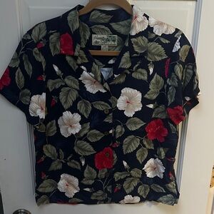 Tropical Floral Button Down Shirt - Navy and Red